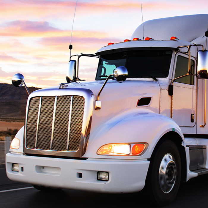 White semi-truck with a polished chrome grille and headlights, parked on a road before mountain silhouettes under a warm pink sunset sky.