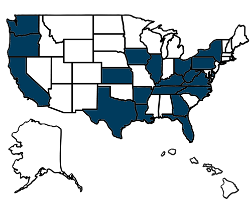 Distance Ed Map that highlights the states: Arkansas, California, Delaware, Florida, Georgia, Iowa, Illinois, Kansas, Kentucky, Louisiana, North Carolina, New York, Ohio, Oregon, Pennsylvania, Tennessee, Texas, Virginia, Washington, and West Virginia.