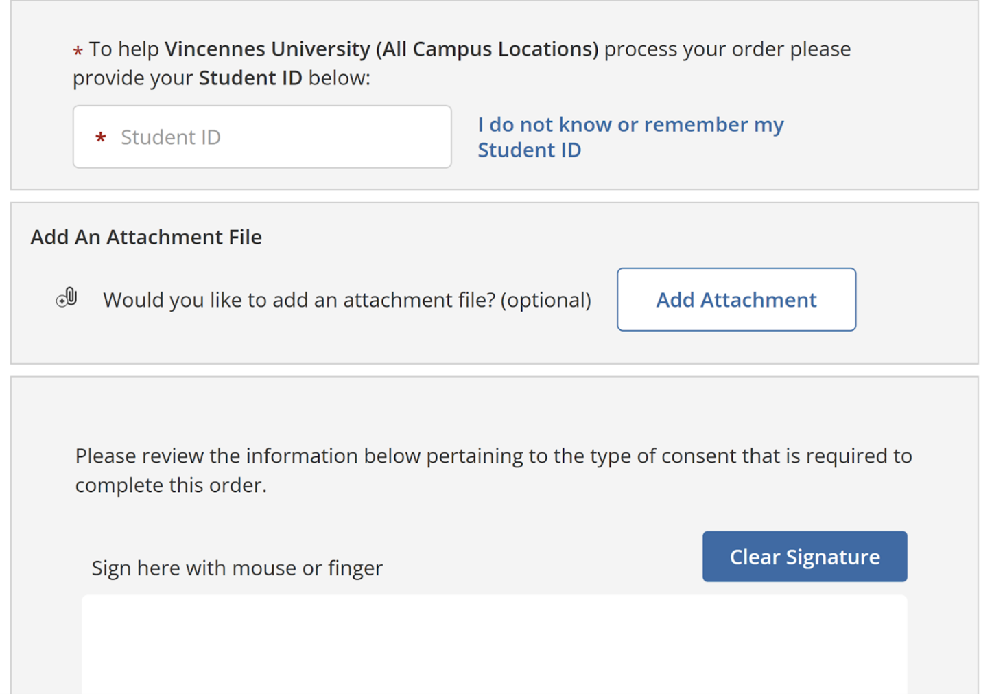 Parchment Order Confirmation Parchment order page prompting the user to enter a Vincennes University student ID or select that they do not know it, with optional attachment and signature fields below.