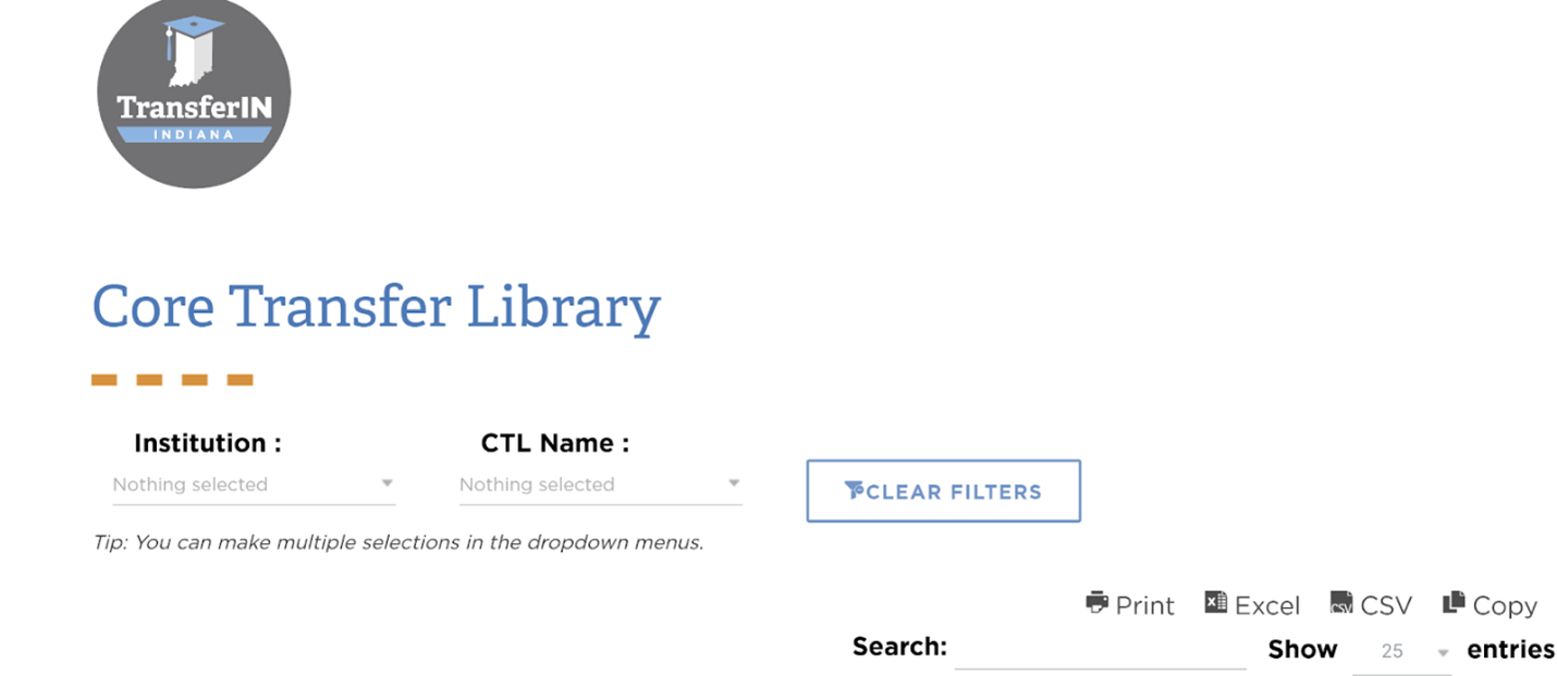 Core Transfer Library Search Filters Core Transfer Library search page with filters for institution and CTL name.