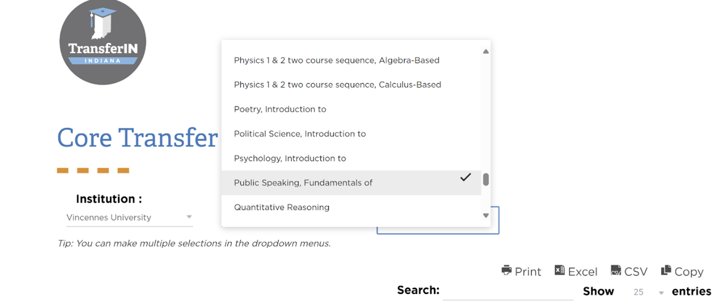 Core Transfer Library Course Dropdown Core Transfer Library CTL name dropdown showing Public Speaking, Fundamentals of selected.