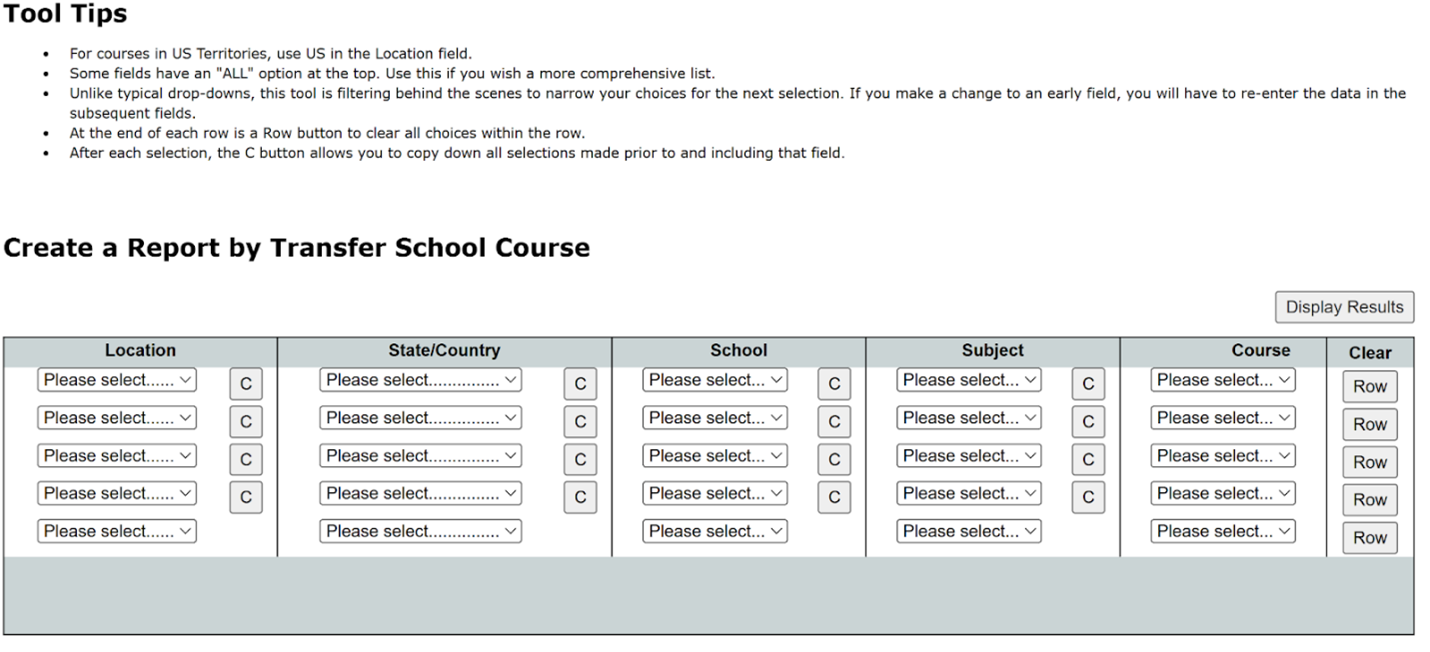Create a Report by Transfer School Purdue transfer credit equivalency tool showing fields to create a report by transfer school course.