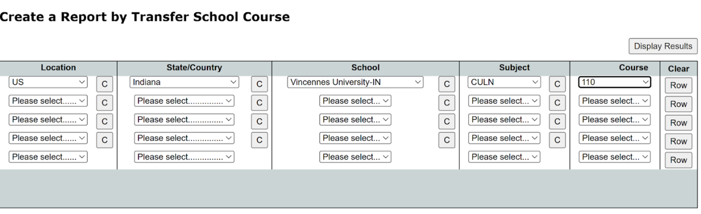Equivalency Report Search Purdue transfer credit equivalency tool showing a report search for Vincennes University-IN, subject CULN, course 110.