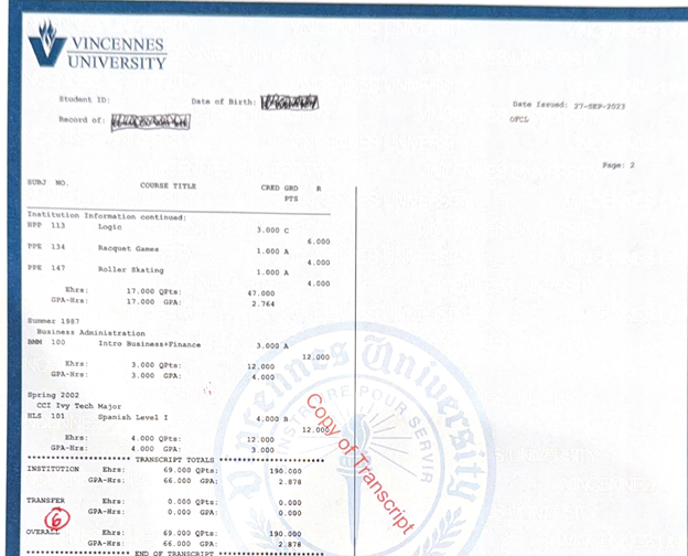 Sample Vincennes University transcript, page 2 Sample Vincennes University transcript, page 2, showing continued course history, institutional totals, transfer totals, overall hours, GPA, and red numbered callout.
