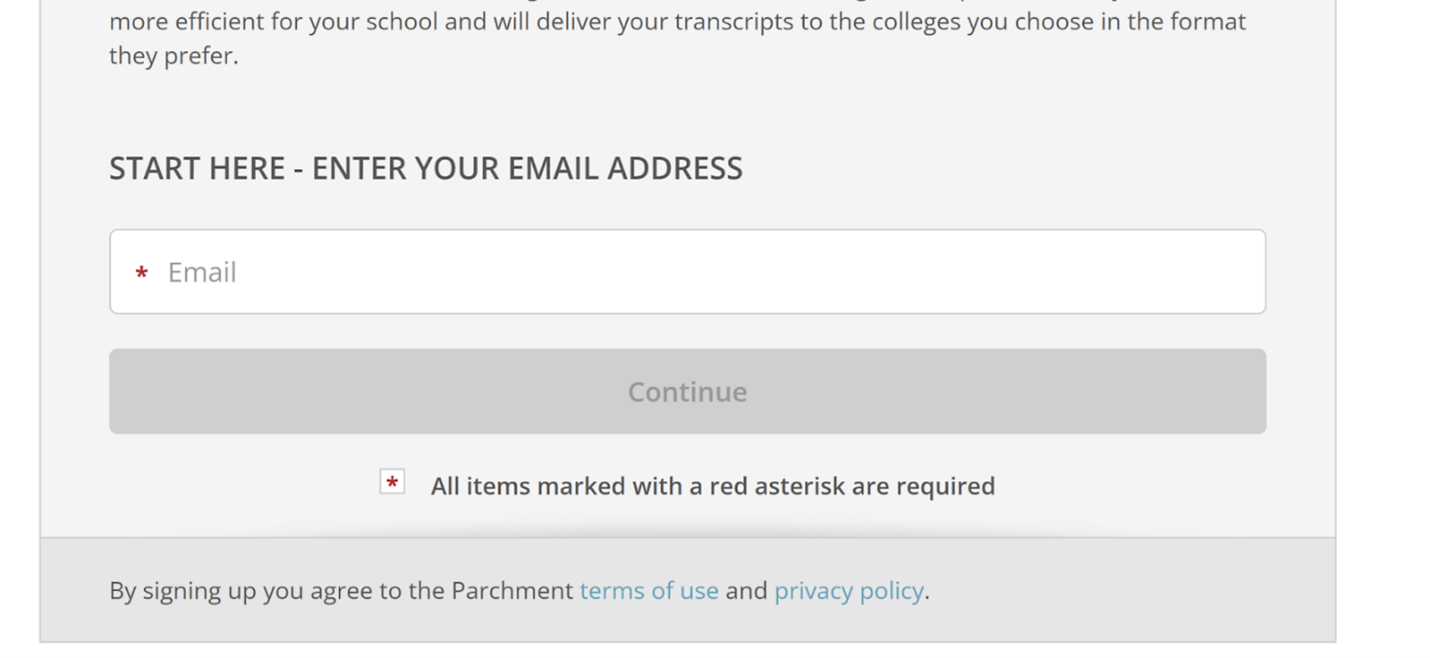 Parchment Email Entry Parchment start page prompting the user to enter an email address before continuing.