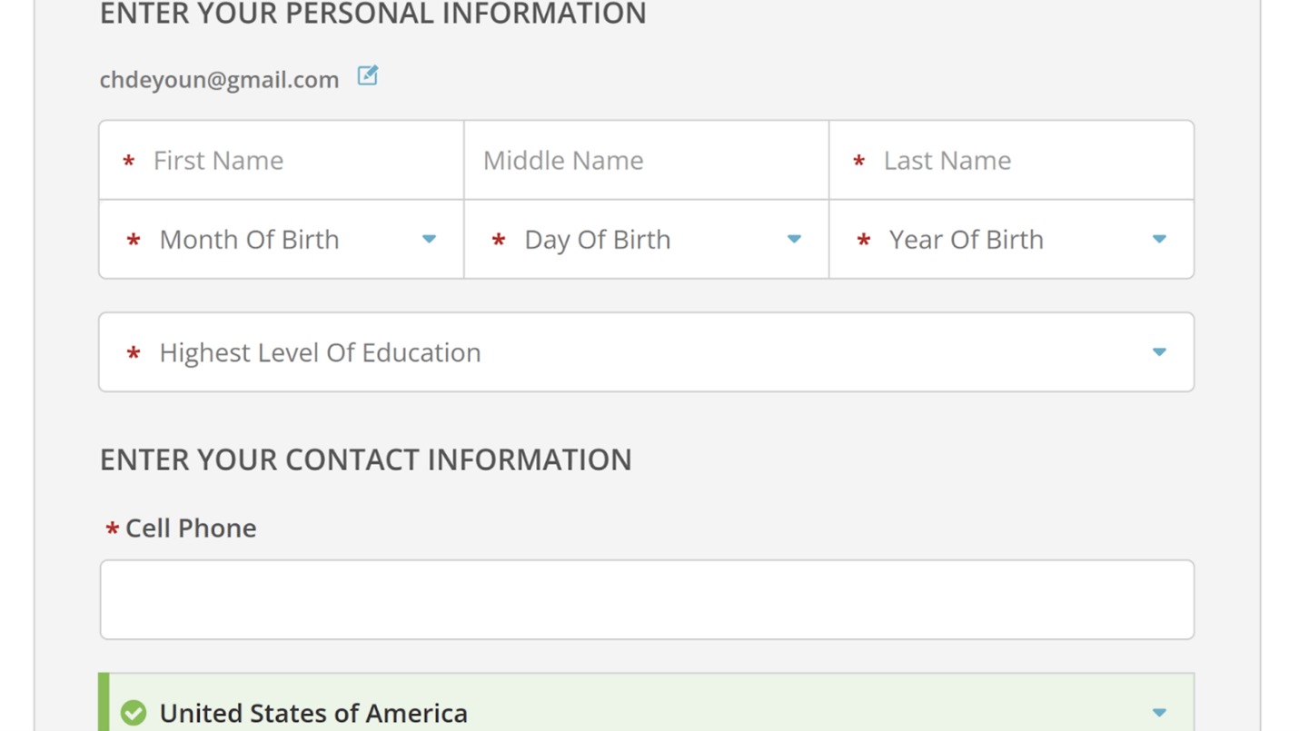 Parchment Personal & Contact Info Parchment form requesting personal information, date of birth, highest level of education, and contact information