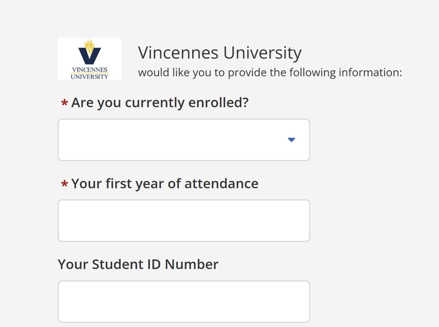 Parchment Enrollment Information Vincennes University Parchment form asking whether the user is currently enrolled, first year of attendance, and student ID number.