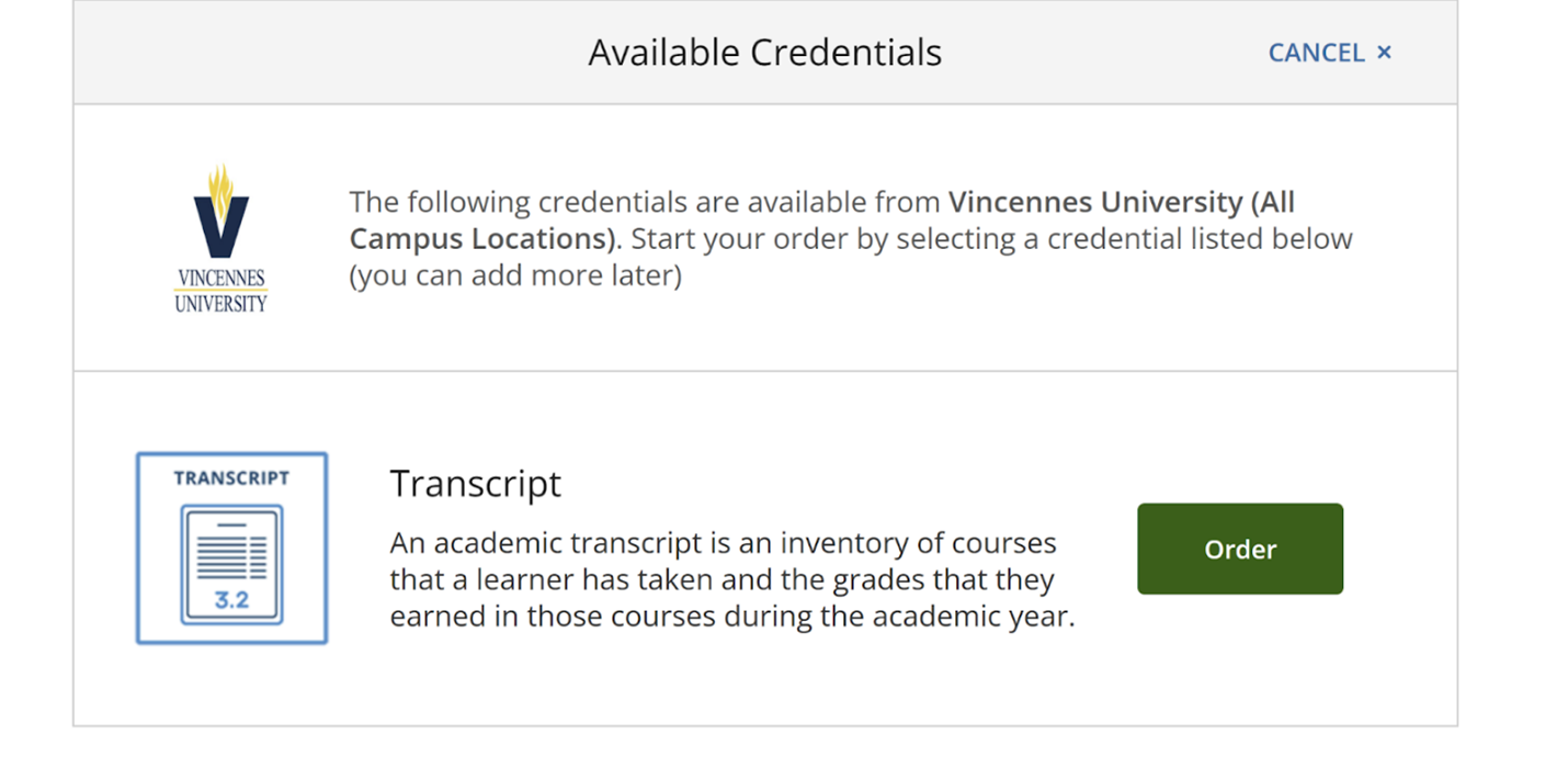 Parchment Available Credentials Parchment available credentials page showing transcript as an order option for Vincennes University.