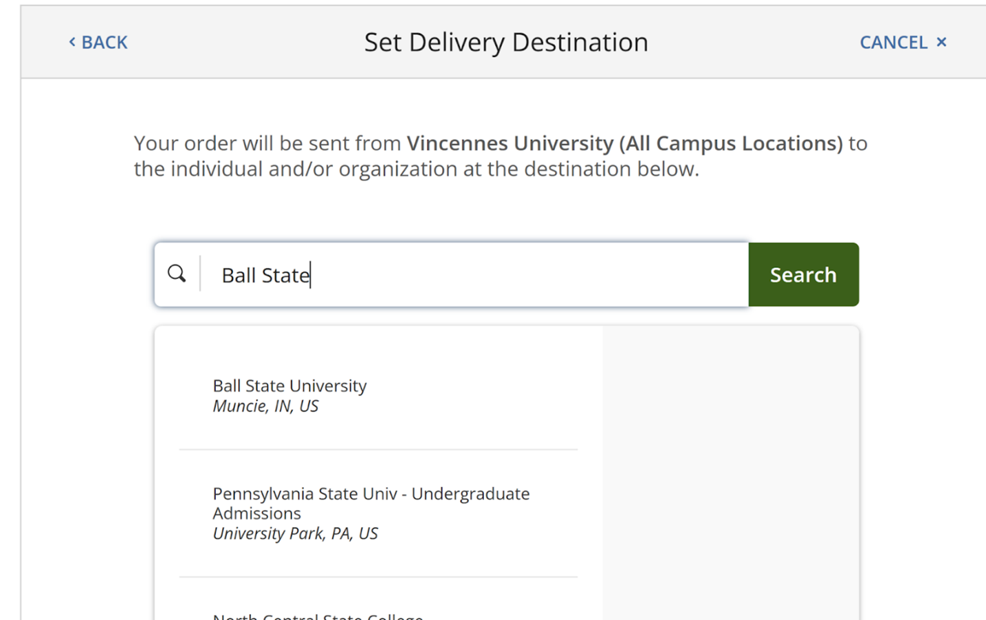 Parchment Set Delivery Destination Parchment delivery destination page showing a search for Ball State University as the transcript recipient.
